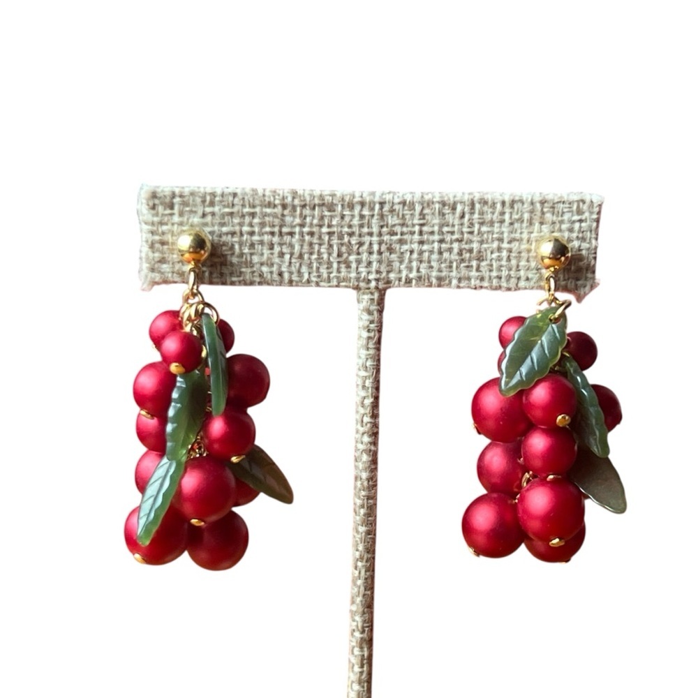 Vintage Red Cluster Earrings with Leaf Beads